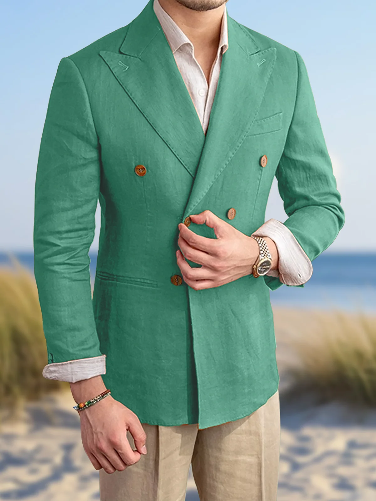 Summer Casual Linen Men Suit Peaked Lapel Double Breasted Slim Fit Tuxedo Suits for Men Blazers with Pants Homme Ensembles