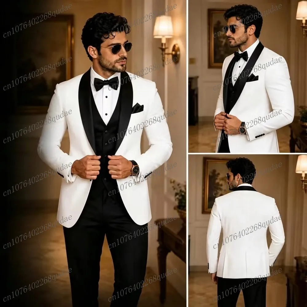 

White Black Formal Men Suit Wedding Party Groom Groomsman Male Tuxedos Bridegroom Costume 3 Piece Set Blazer Vest Pants