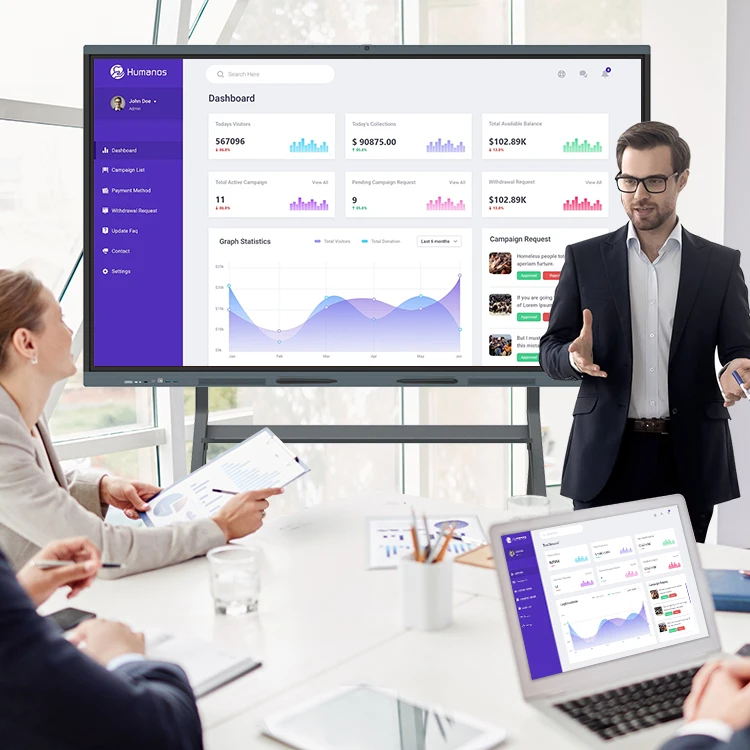 

HUSHIDA 65, 75-дюймовый сенсорный экран, интерактивная интеллектуальная доска для школьного офиса, конференц-зала с мобильным кронштейном