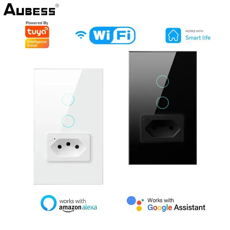 

Tuya Wi-Fi умный выключатель света розетка 20A Бразилия 1/2gang сенсорный умный переключатель настенные панели умный дом работает с Alexa Google Home