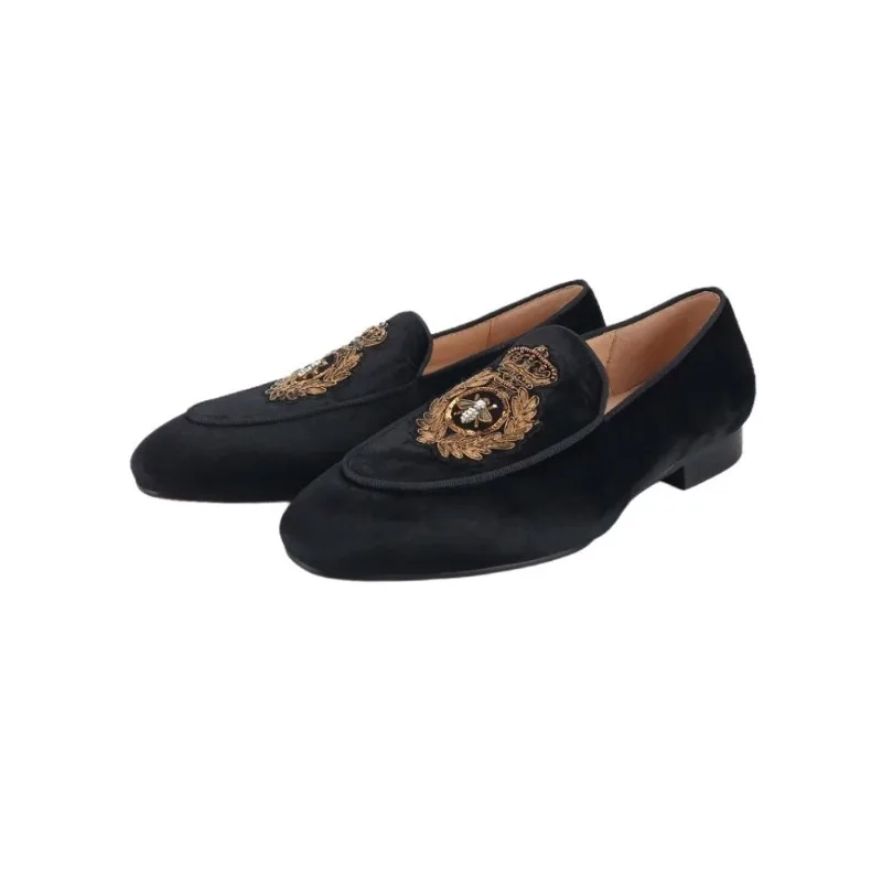 

Handmade Custom Bee&Crown Men's Loafers Royal Black Velvet Moccasins Red Color Bottom