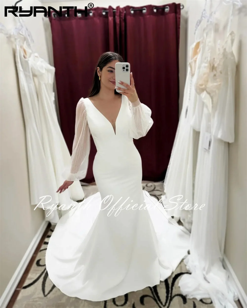 Ryanth Elegant Long Puff Sleeves V-neck Soft Satim Mermaid Wedding Dresses Backless Custom Made 2024 Vestido De Noival õhtukleit