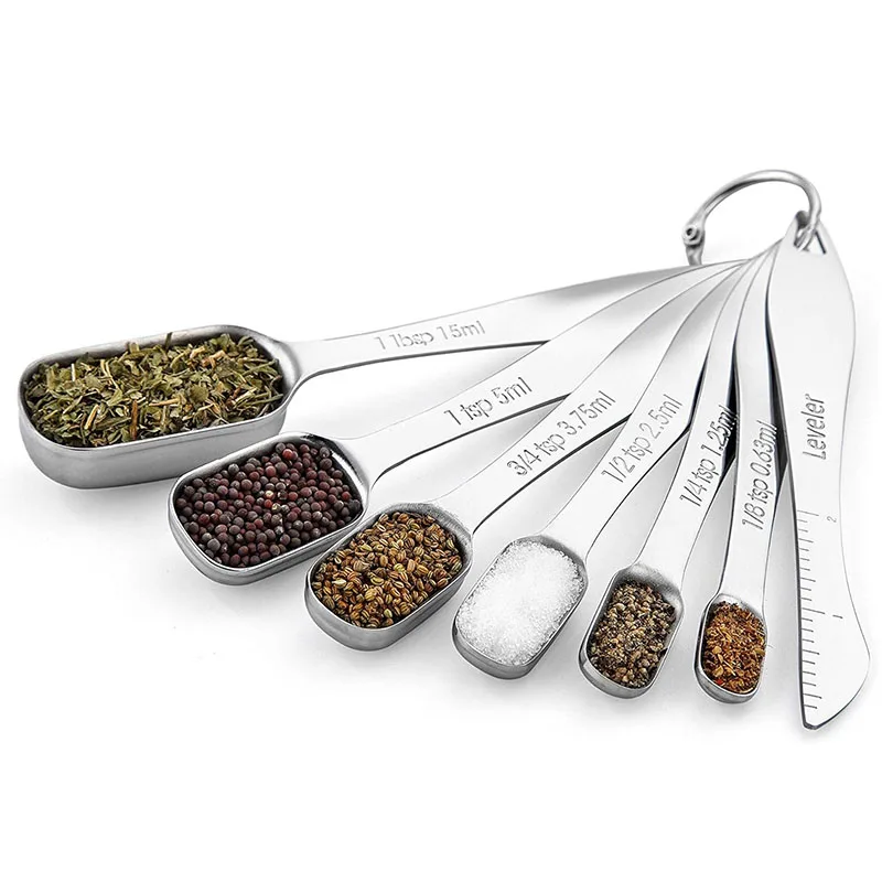Narrow Square Measuring Spoons Stainless Steel Kitchen Measure Teaspoon Tablespoon with Ring Connector, Set of 7