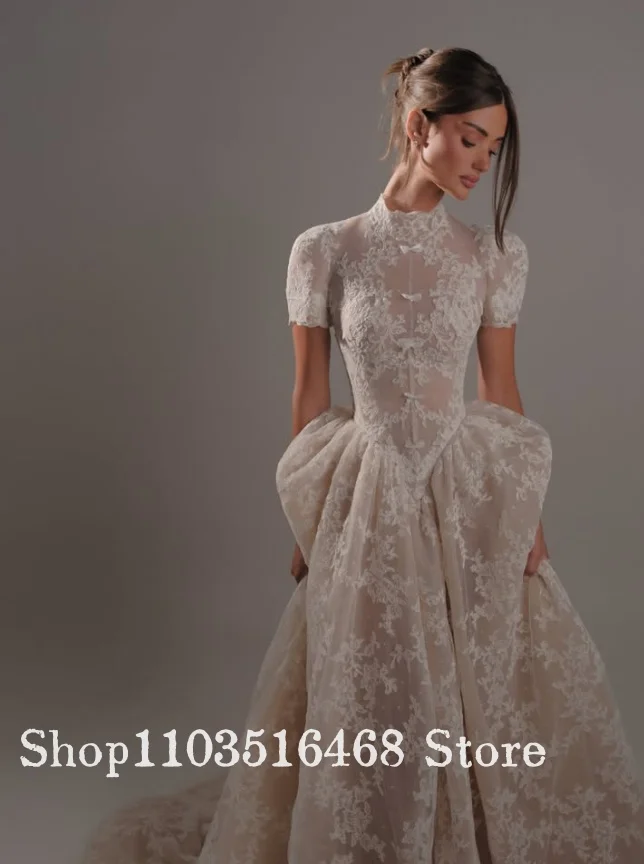 Light Champagne Short-Sleeve Lace Wedding Dress Customized Bohemian Open-Back Bridal Gown Formal Evening Gown Engagement Dress
