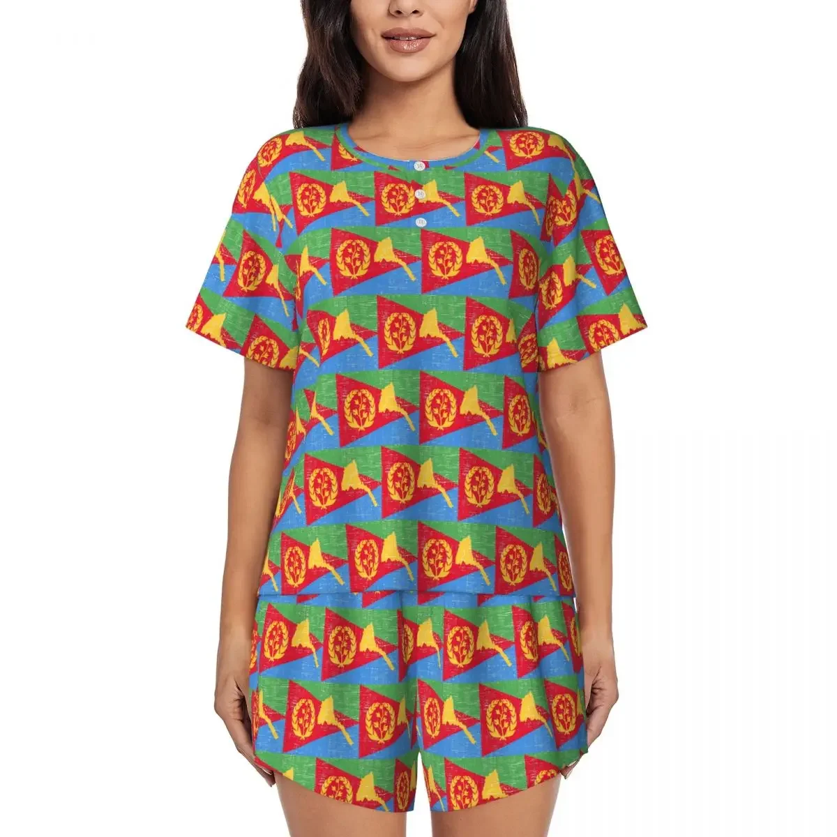

Eritrea Flag Proud Eritrean Round Neck Short Sleeve Nightgowns for Sleeping Sleepshirts Women Loose Pajama Set Short Pants