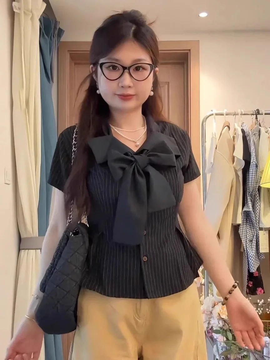 Ele Knot ort Sve irt Damen Faion Schlankheitsstreifen-Top Korean Sle Commute Wind Plus Size Big MM