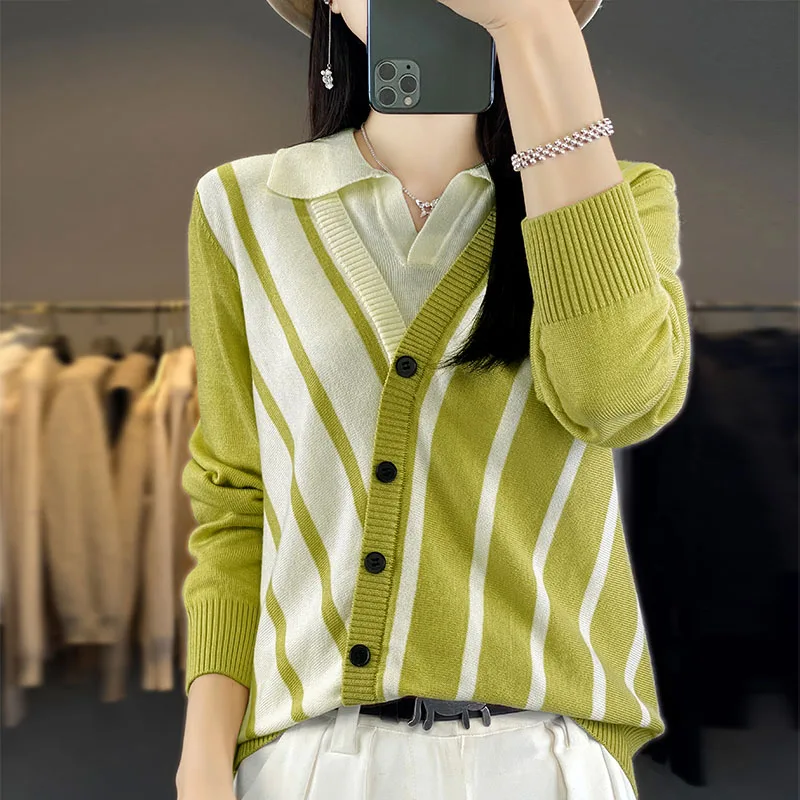 

Women Clothing Spliced Knitted Turn-down Collar Thick Sweaters Winter Jumpers Striped Loose Casual Vintage Knitwear Tops