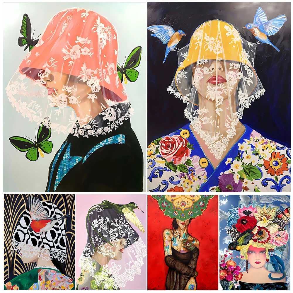 

Vibrant Floral Veil Portrait Canvas Wall Art Prints Butterfly&Bird Posters Colorful Aesthetic Home Decor for Living Room
