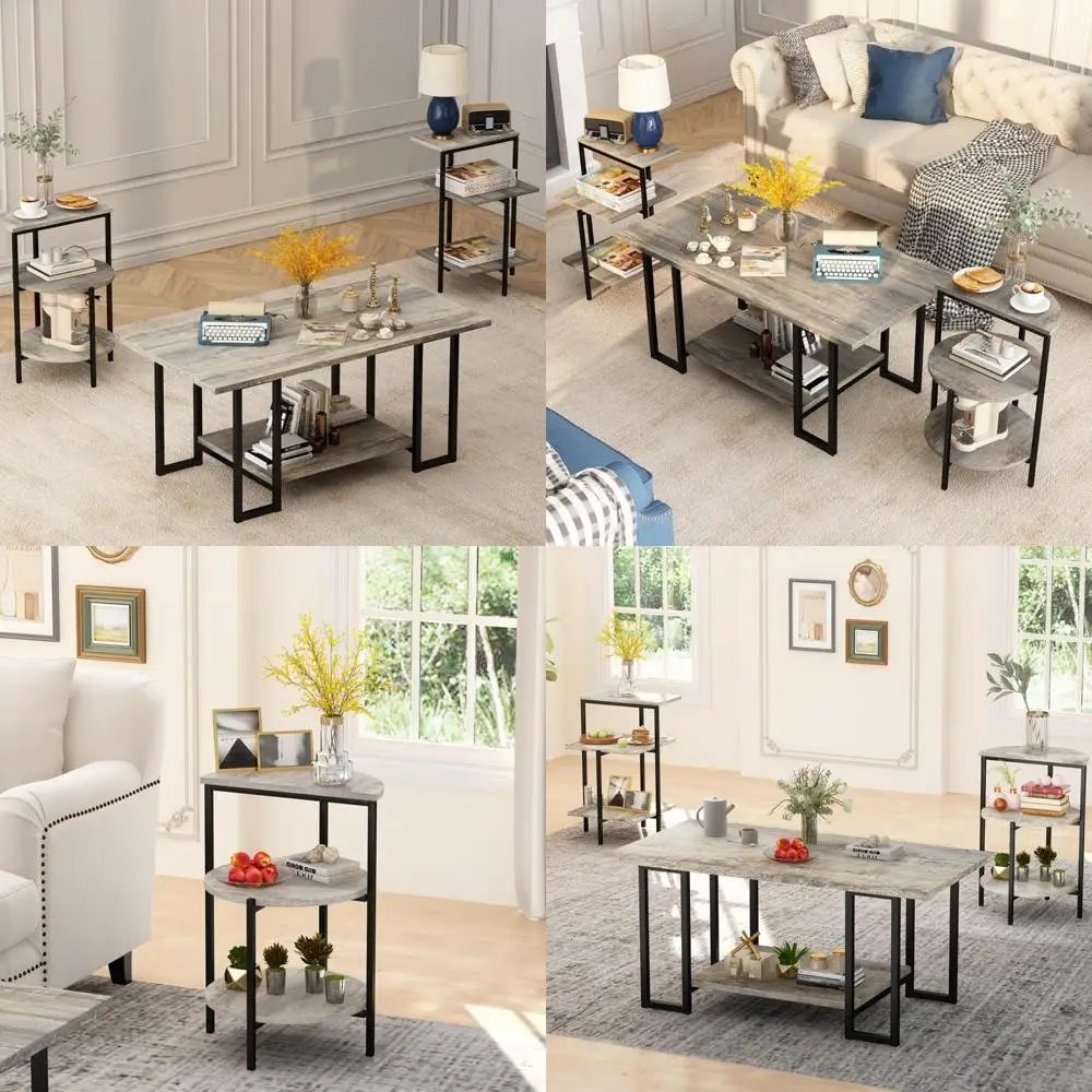 

3-Piece Faux Marble Table Set with Metal Frame for Living Room: Coffee Table and Two Side Tables