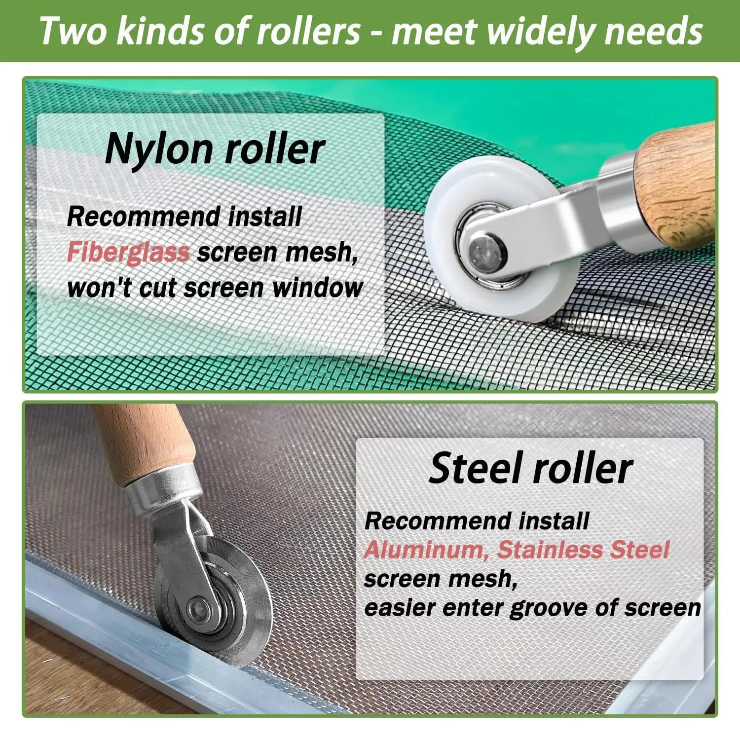 3Pcs Screen Tool, Window Screen Spline Roller Tool with Wooden Handle and Steel/Nylon Bearing Wheels, Mesh Screen Door Repair