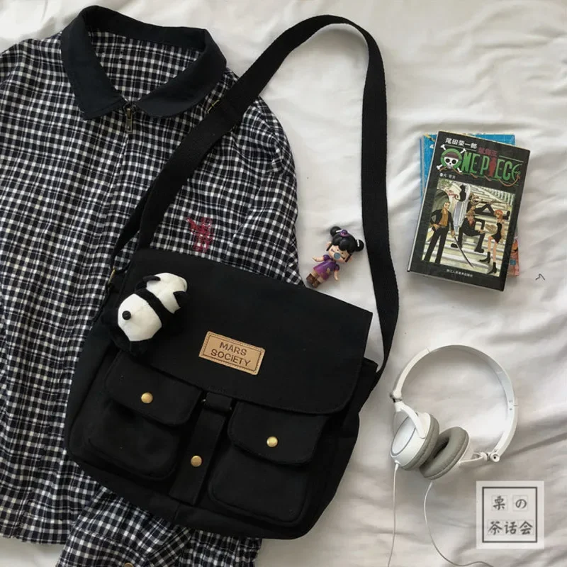 Flip Cover Canvas Taschen für Männer Harajuku Messenger Bag, Schüler Schultaschen, große Kapazität Schulter-Crossbody-Taschen für den täglichen Gebrauch