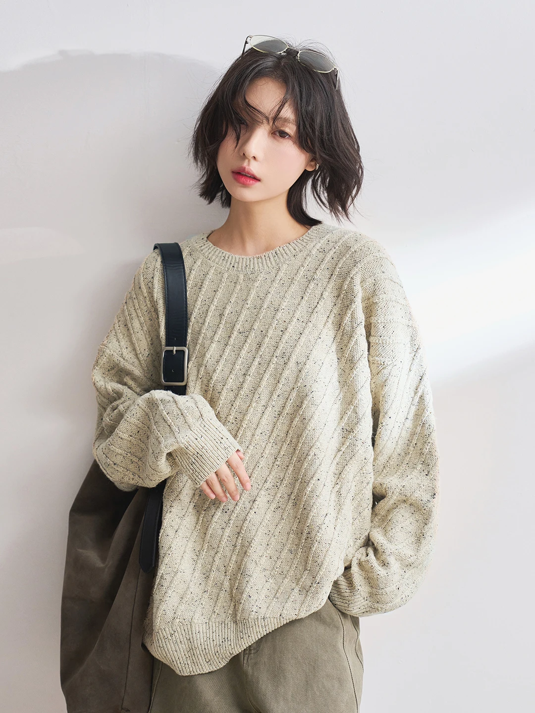 

Universal avitation Museum Women's Loose Spring Autumn Knitted Sweater round Ne Diagonal Pattern Comfortable Lazy Sle Top