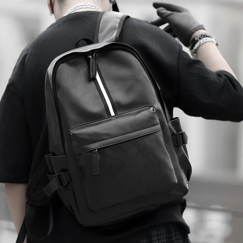 Modischer Rucksack mit Streifenmuster für Herren, große Kapazität, Reisetasche mit USB-Anschluss, Herrenrucksäcke, weicher Rucksack aus PU-Leder, Schulrucksack für männliche Studenten. – Detail 26