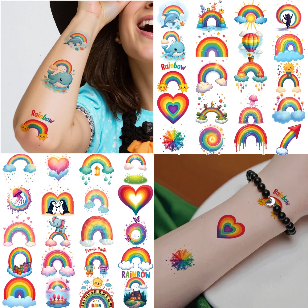 63 قطعة وشم مؤقت بألوان قوس قزح وشم كرتوني لطيف مقاوم للماء وملصقات الجسم طويلة الأمد للأكتاف والكبار