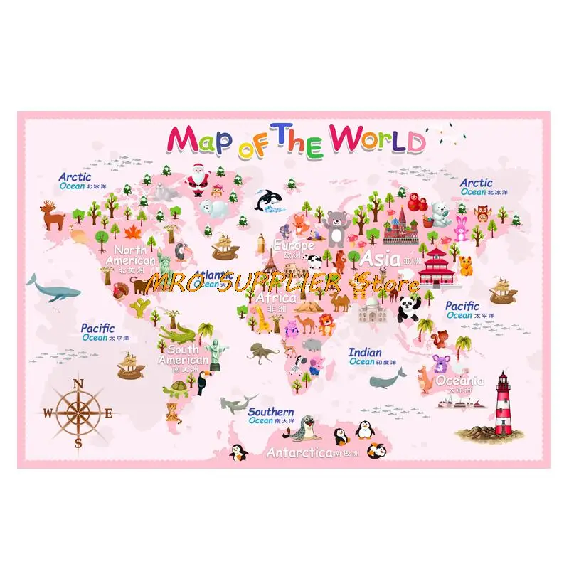 Mapa-múndi do Mapa-múndi Poster, Decoração da Parede, Cartaz Grande, Mapa de Lona Impermeável, Rosa, Quarto das Crianças, Tamanho 140x93cm