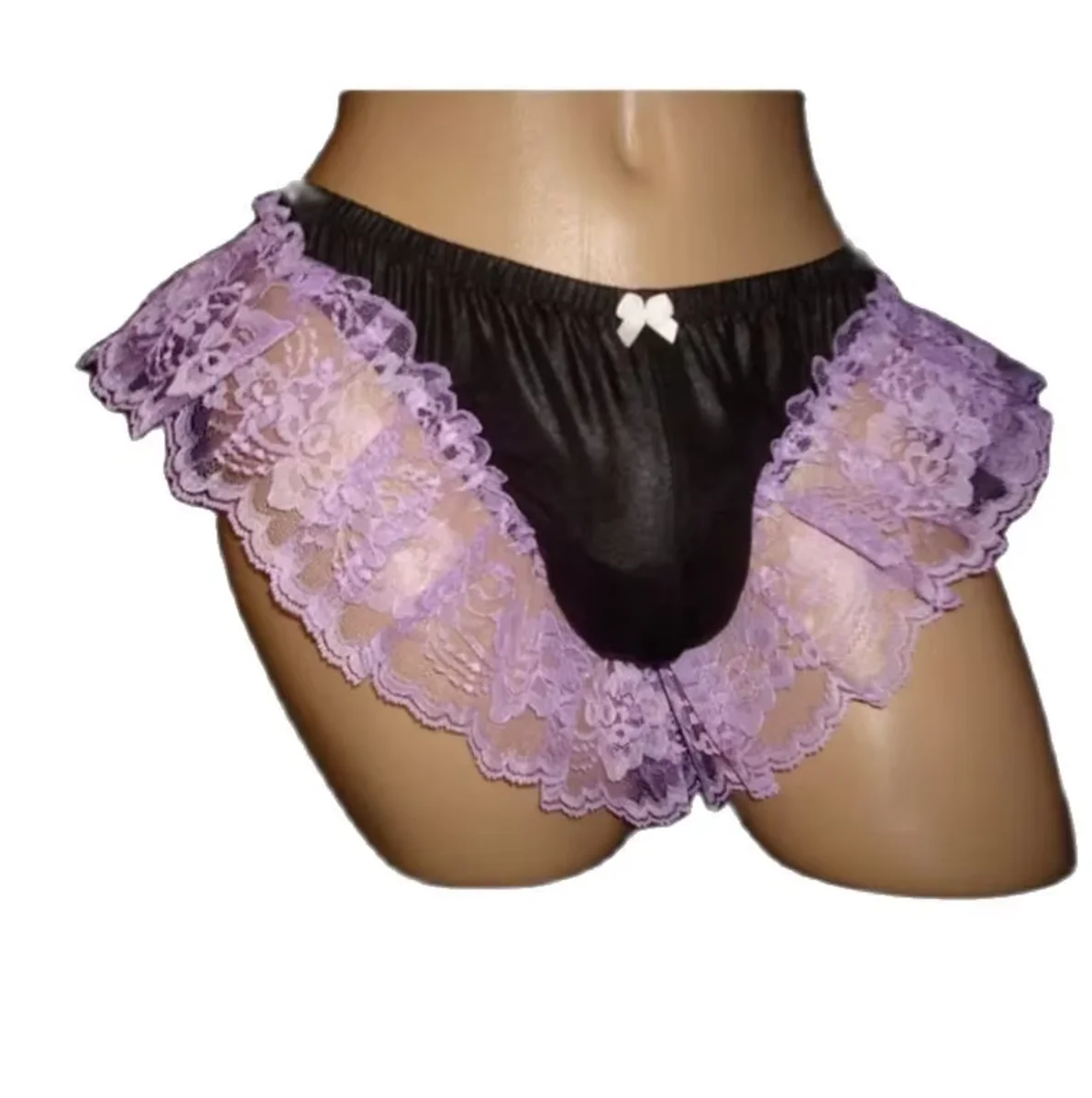 

Black Satin Patchwork Purple Lace Border Elastic Elastic Waistband Middle Bow Decoration Sexy Triangle Shorts