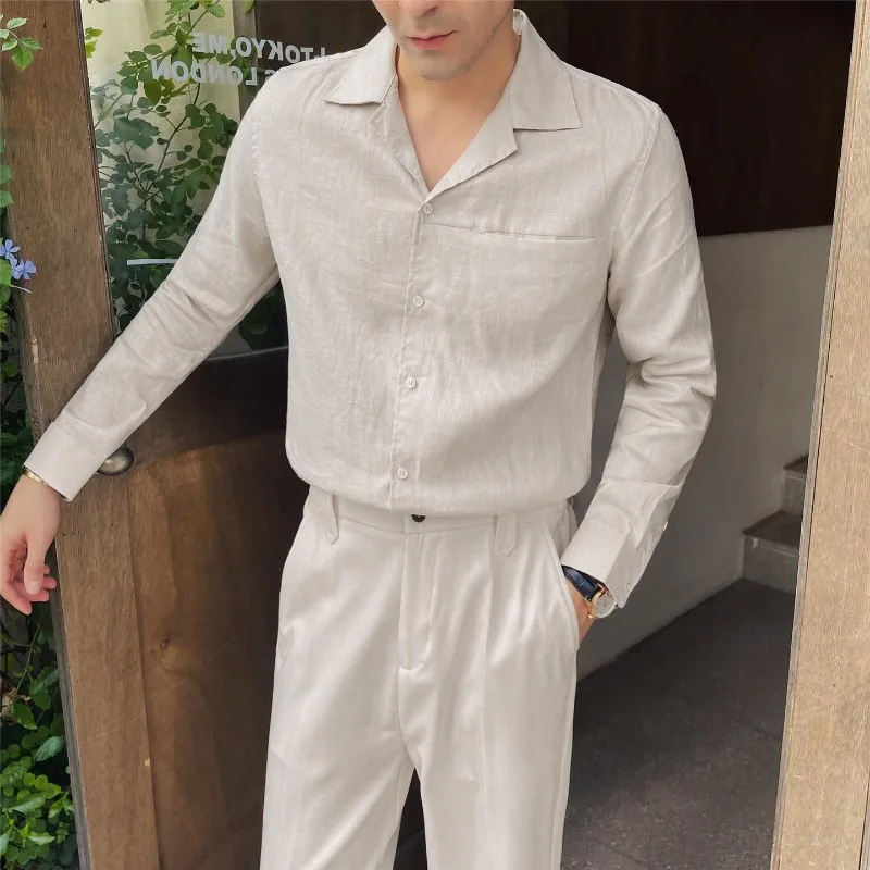 Men's 100% Pure Linen Shirt - Old Money Style Premium Suit Collar Long Sleeve Top with Breathable Texture for Summer Elegance