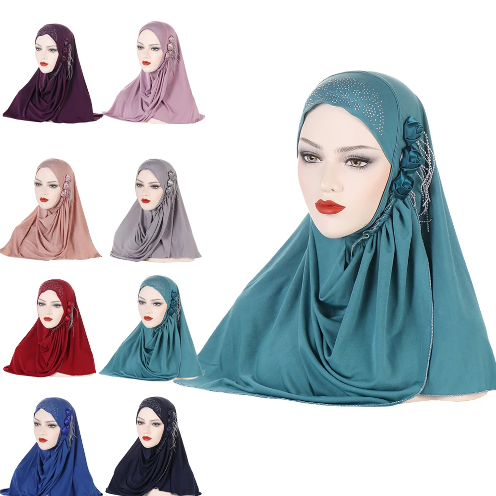 

Flower Tassel Muslim Women Pull On Instant Hijab One Piece Amira Scarf Turban Islamic Prayer Hats Femme Headwrap Shawl Headscarf