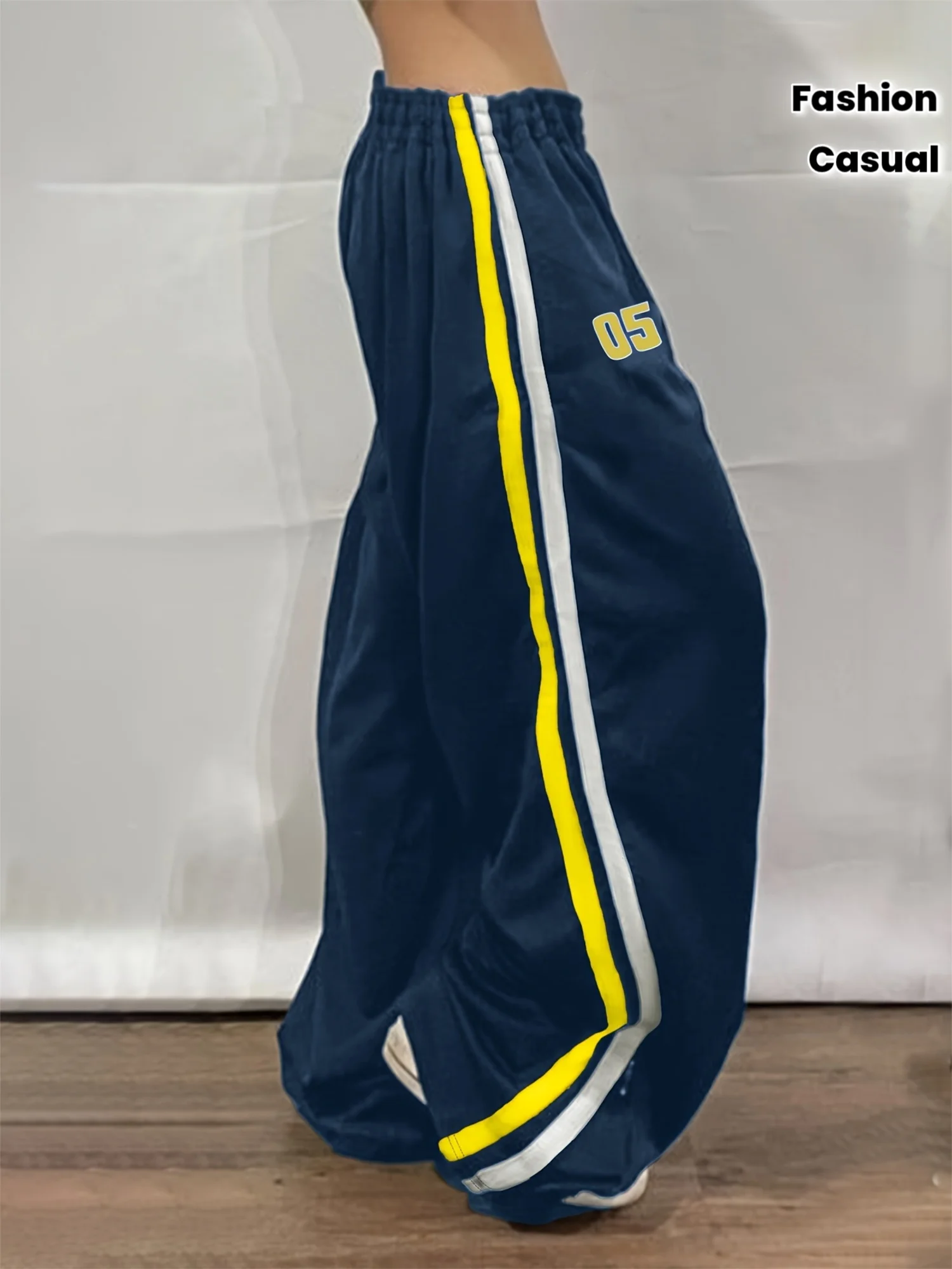 Ladies Varsity Sports Trousers Navy Side Double Color Stripes Number Graphic Elastic Waist Loose Fit Streetwear Pants Kids