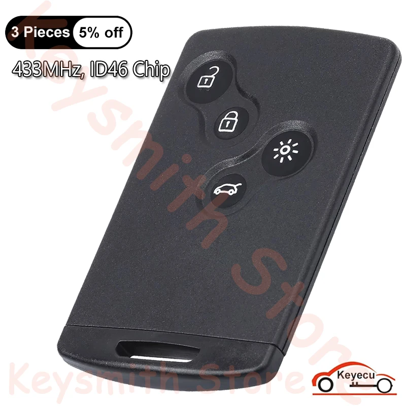 KEYECU 4 Buttons 433MHz ID46 Chip for Renault Koleos 2009 2010 2011 2012 2013 2014 2015 2016 Auto Smart Card Remote Key Fob