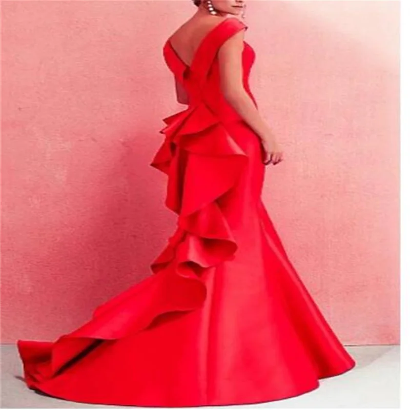 

Mermaid Beautiful Back Red Dress Formal Evening Dress Off Shoulder Short Sleeve Floor Length Satin with Ruffles Draping 2024