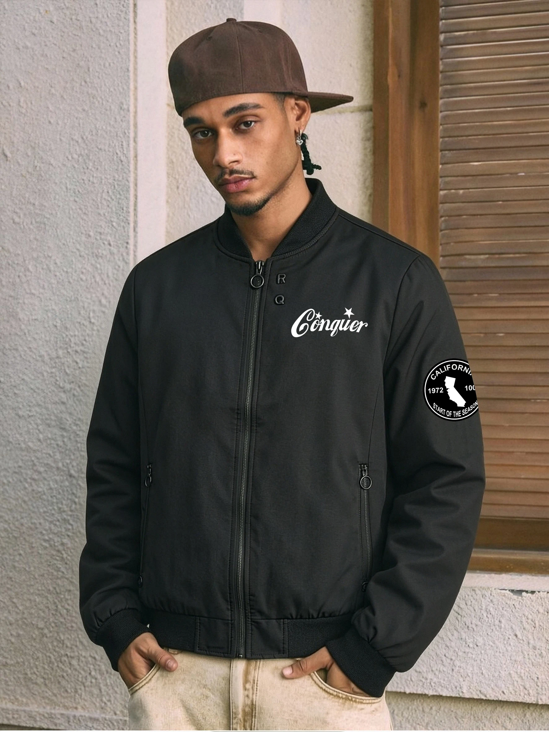 American Retro Studded Baseball Jacket – JAZZ Statue of Liberty Print Stand-up Collar Jacket  baseball jacket coats