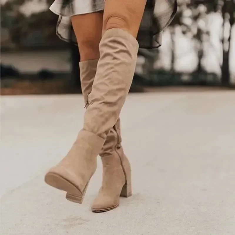 2024 Damskie buty do kolan Sexy High Heels Solid Color Women Shoes Zip Winter Warm Flock Fashion Pointed Toe Rome Women Boots