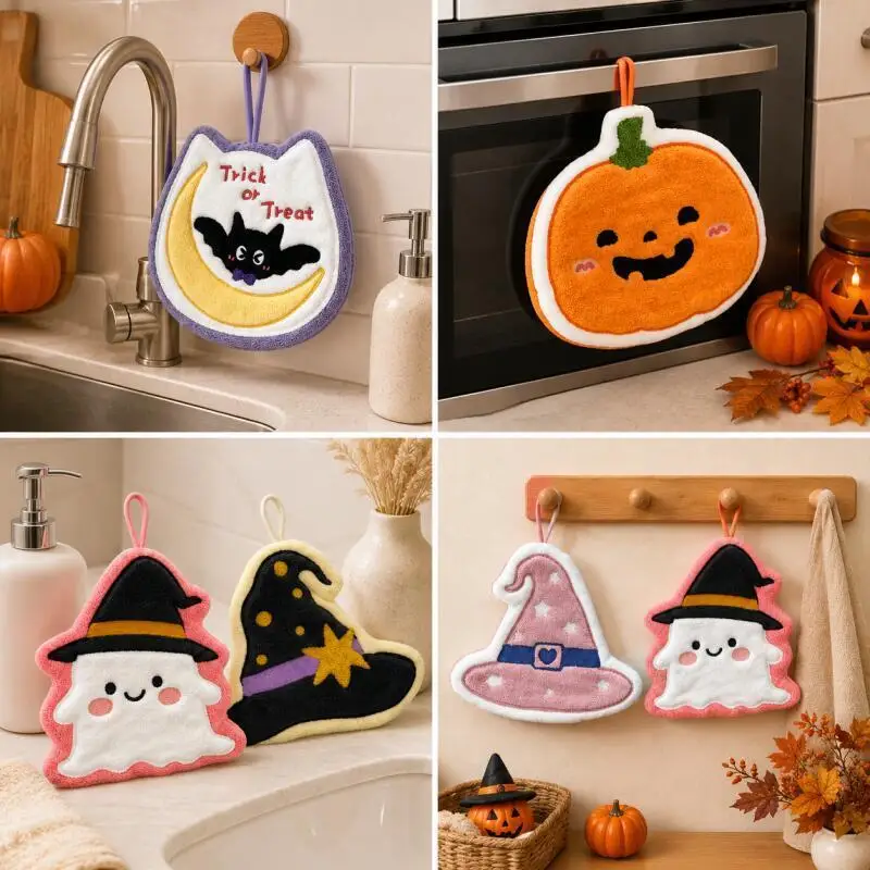Lustige Halloween-Handtücher, Kürbis-Geist-Hexenhut-Mond-Fledermaus-Hängetücher für Küchen- und Badezimmerdekoration – Detail 3