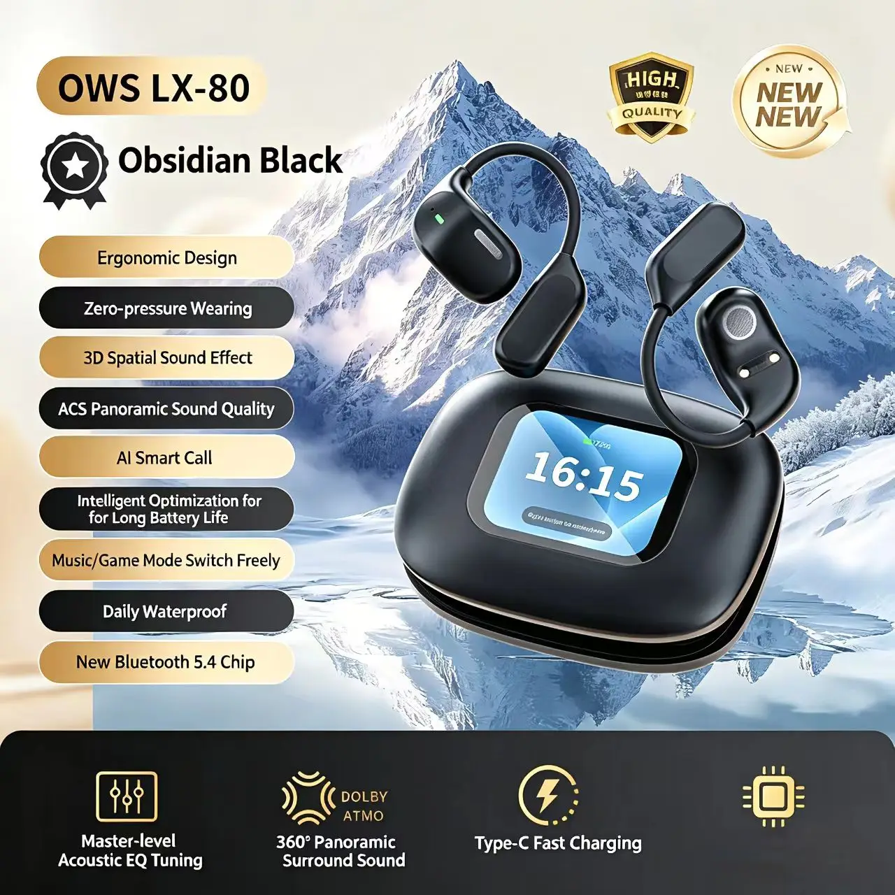 

144 Languages Light Open Ear Bluetooth Headphones with Touch Screen Real Time Translators Earphones Wireless ANC Gaming Headset
