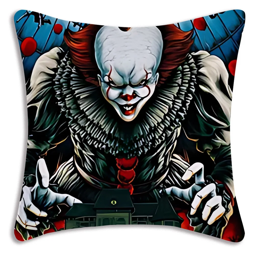 Horror I-It P-Pennywise Clown Classic Pillow Covers Cartoon Sofa Decorative Home Double-sided Printing Short Plush Cushion Cover