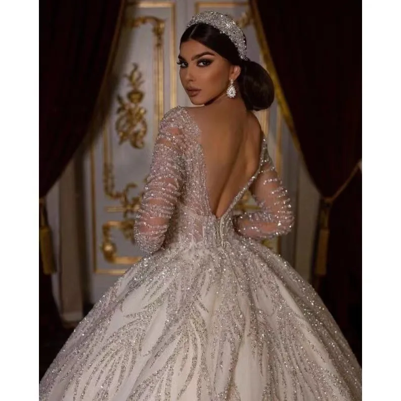 2024 Luxury Wedding Dresses Beaded Sequin Ball Gown Long Sleeves Bridal Wedding Dress Sexy Africa Bridal Gowns Wedding Dresses