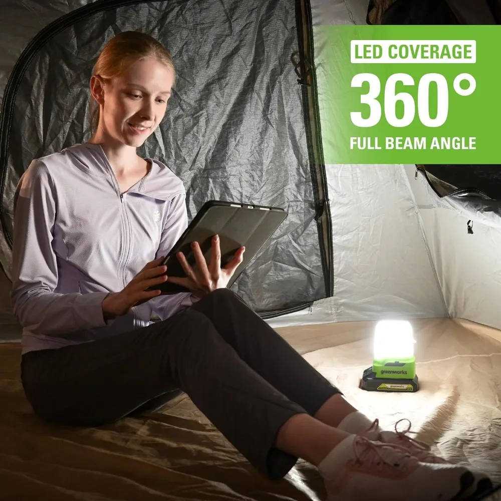 Greenworks-linterna inalámbrica de 24V, 500lm, Kit de luz de Camping con puerto de USB-A y USB-C, batería de 2Ah y cargador incluidos