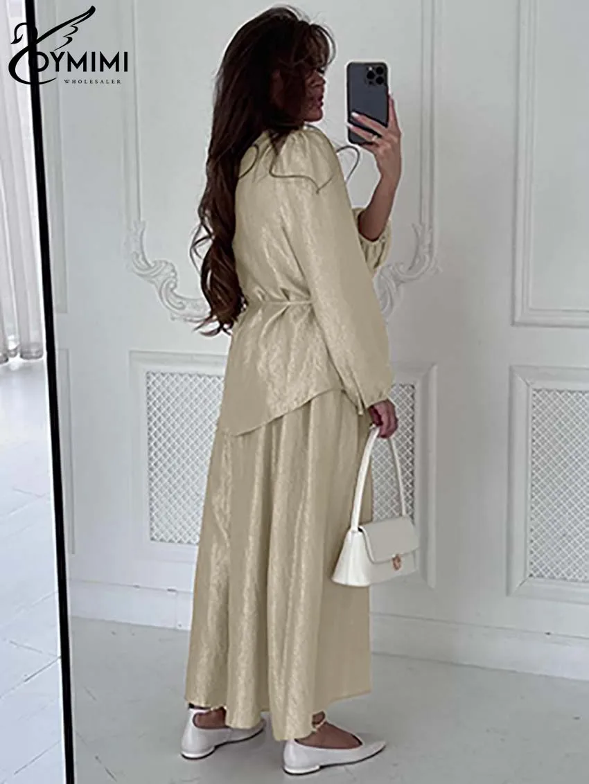 Oymimi Fahsion Khaki Loose Two Piece Set For Women Causal Long Sleeve V-Neck Lace-Up Shirts And High Waist Pleated Skirts Sets