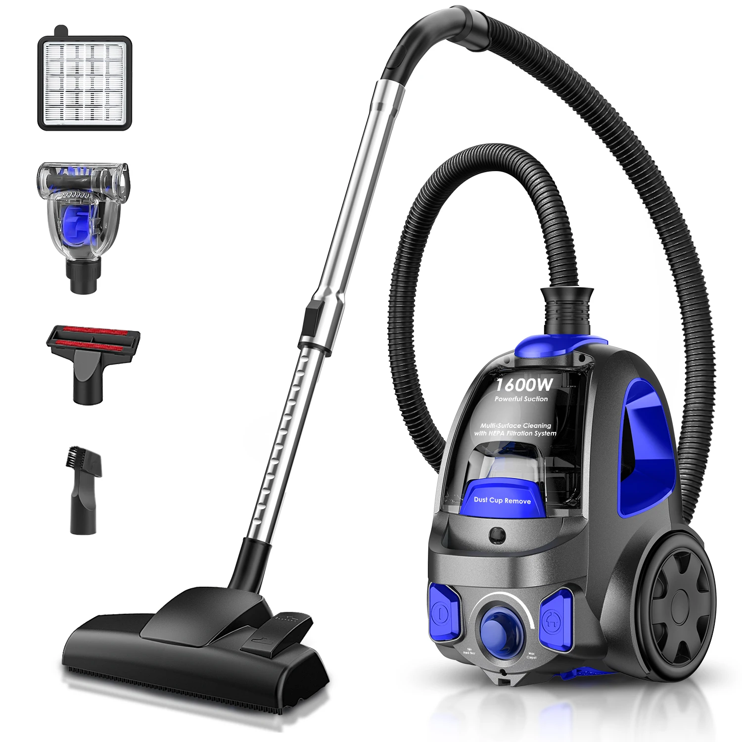 1600W Bagless Canister Vacuum Cleaner 32Kpa 3.7Qt Large Capacity Dust Storage H13 HEPA Filter Electric 5 Tool Set for Household