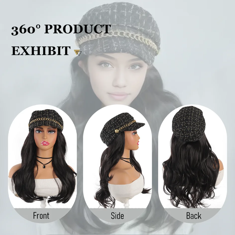 synthetic hat wig 20inch plaid beret wig wavy hair hairstyle black hat wig white hat wig hat extensions water wave wig christmas