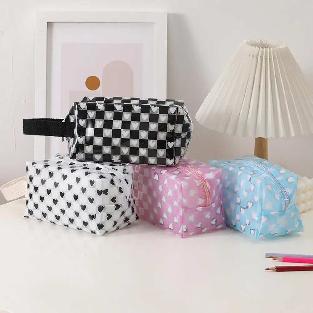 Pencil Storage Bag Versatile Heart Plaid Print Pencil Case Stylish Stationery Bag for Home School Travel Transparent Pencil Case