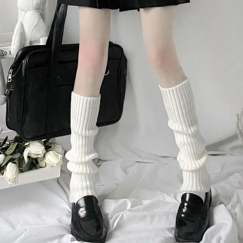 Woman Leg Warmers Autumn and Winter Ribbon Japanese Lolita Black Knee Warmers Long Socks JK Knitted Girl White Leg Foot Warmers