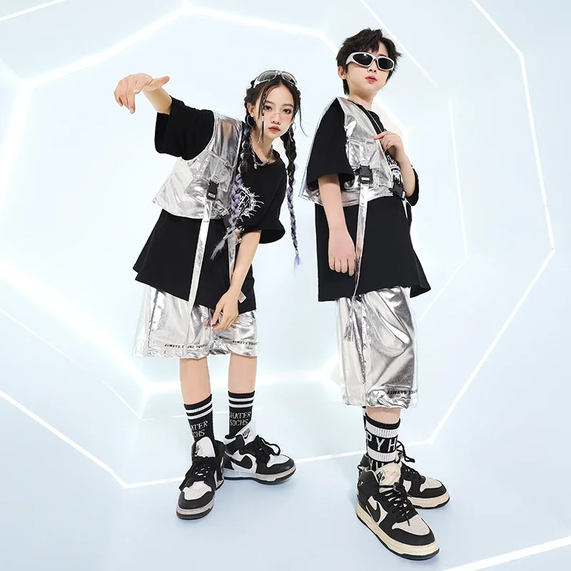 Hip Hop Jungen T-shirt Silber Glänzende Cargo-Shorts Mädchen Cool Crop Top Streetwear Kinder Street Dance Kostüme Kind Jazz Kleidung