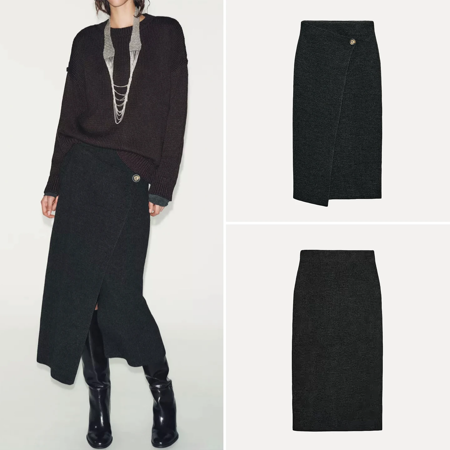 

Модная двубортная юбка-миди с плоской иглой, женская одежда Ele Aosphere, повседневный дизайн со средней талией, другие ма...