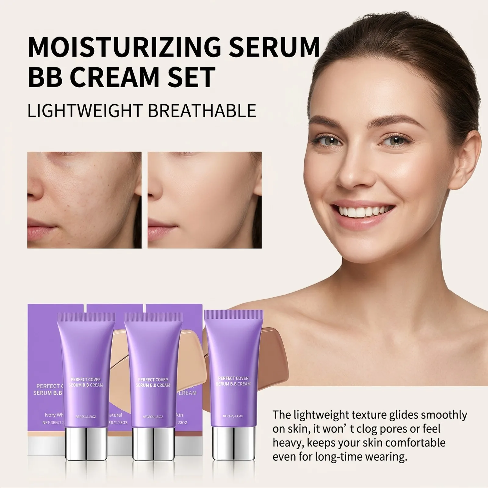 Moisturizing Serum BB Cream Lightweight Natural Coverage Even Skin Tone Long Lasting Hydrating Base Makeup 3 Shades for Daily