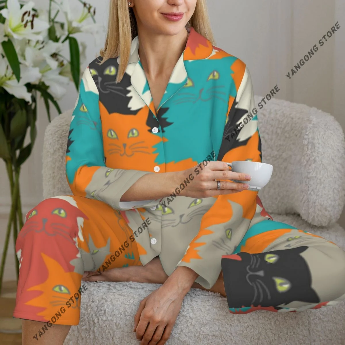 

Colorful Cute Cats Womens Pajamas Loungewear Two-piece Sleepwear Button-Down Full Sleeve Long Pajamas Set