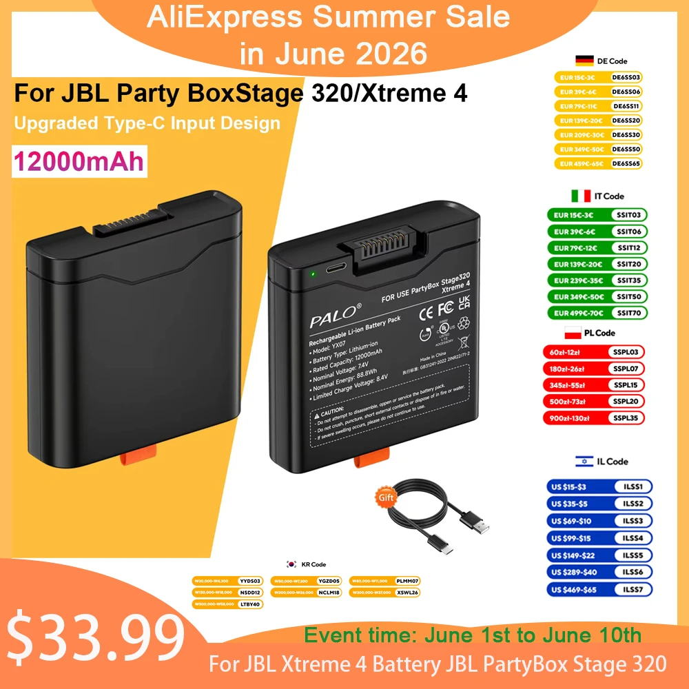 PALO 12000mAh High capacity For JBL Xtreme 4 Battery JBL PartyBox Stage 320 Spare Battery with TYPE-C input For Portable Speaker