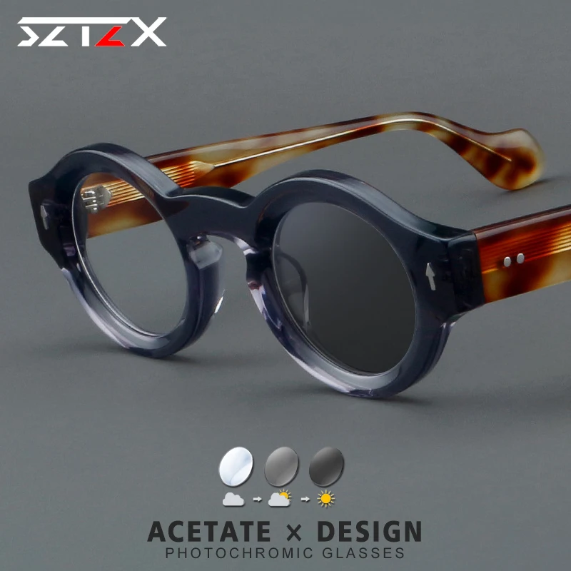 SZTZX Men Thick Acetate Round Reading Glasses High Quality Rivet Photochromic Customizable Eyewear Retro Myopia Glasses Frame