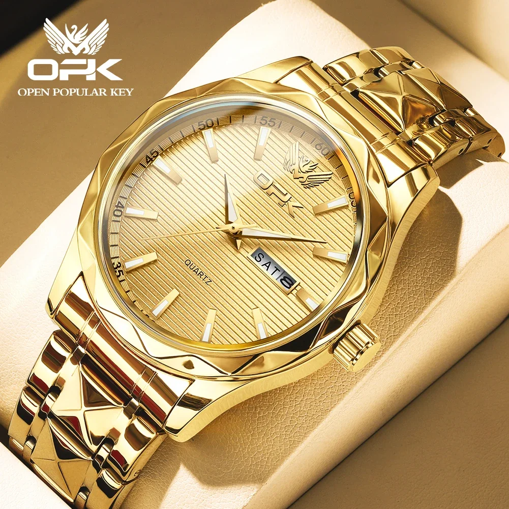 OPK Men's Watches Casual Fashion Original Quartz Wristwatch for Man Waterproof Luminous Date Week Rhombus Stainless Steel Strap