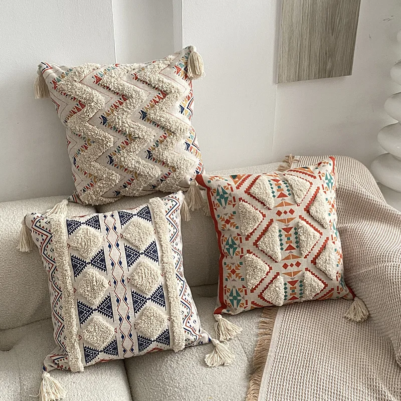 

Bohemian tufted linen printed pillow cover ethnic wind backrest bedroom bedside decorative cushion