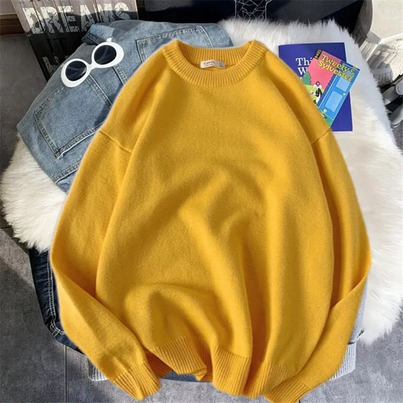 2023 New Autumn and Winter Korean Edition Simple Loose Casual Versatile Thread Round Neck Long Sleeve Solid Knit Sweater