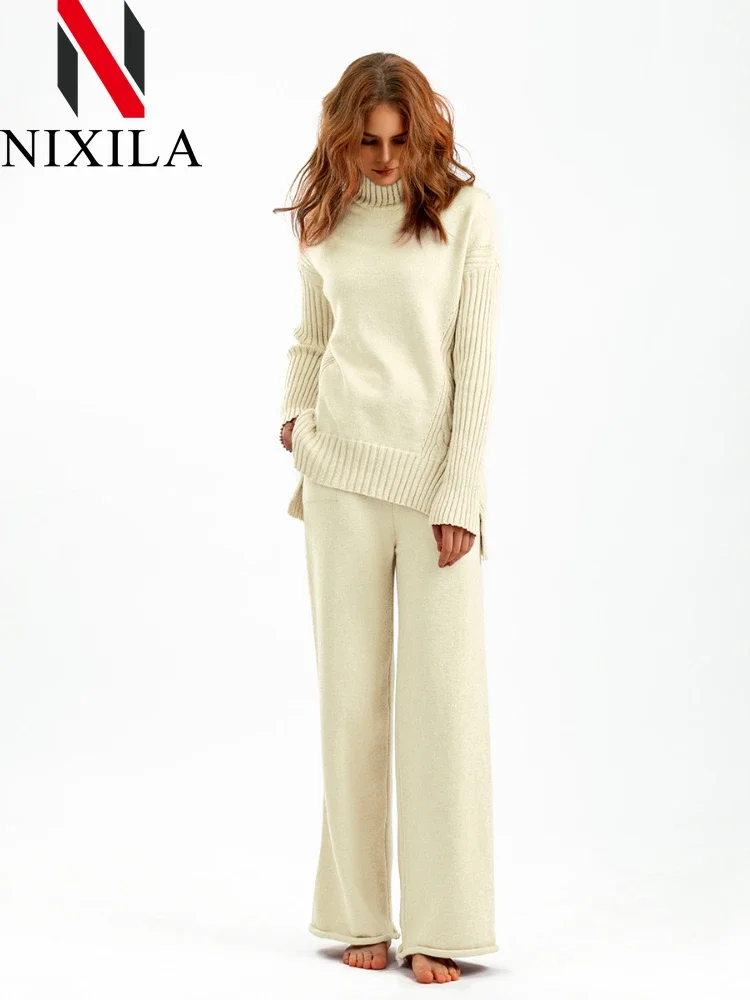 

New in Winter Autumn Knit Sweater 2 Piece Sets Fashion Wide Leg Pant Sets Elegant Retro Pullover Two Piece Sets Womens Outfits