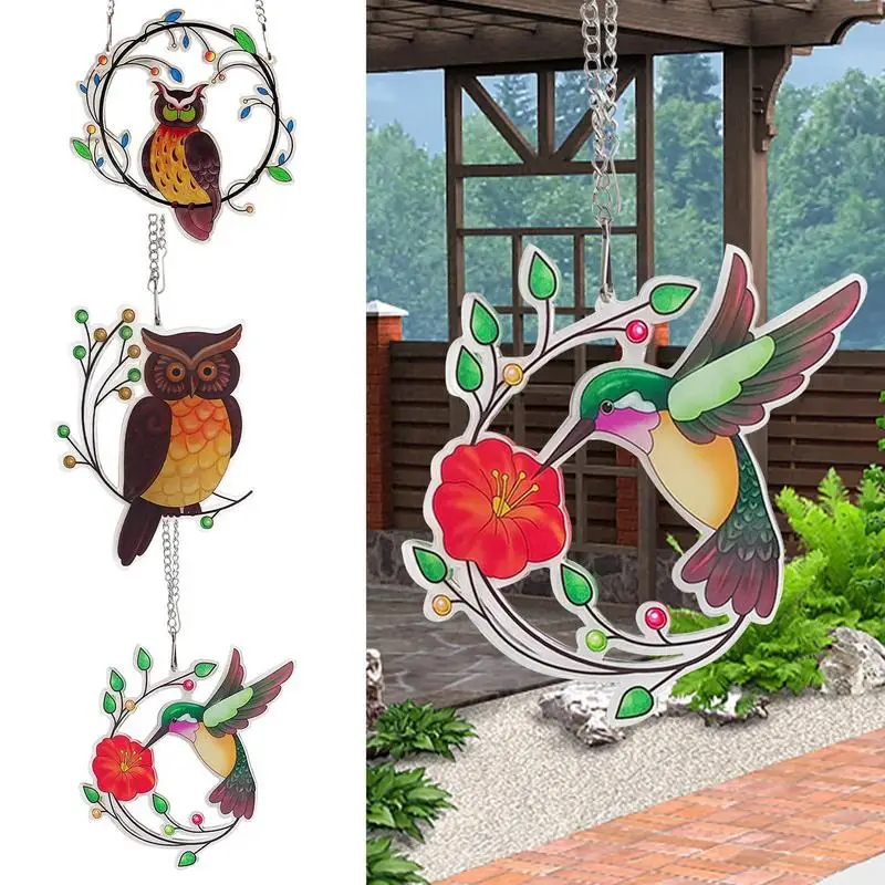 Stained Hummingbird Owl Window Hangings Painting Owl Ornament Garden Suncatchers Crafts Hanging For Home Garden Decorations