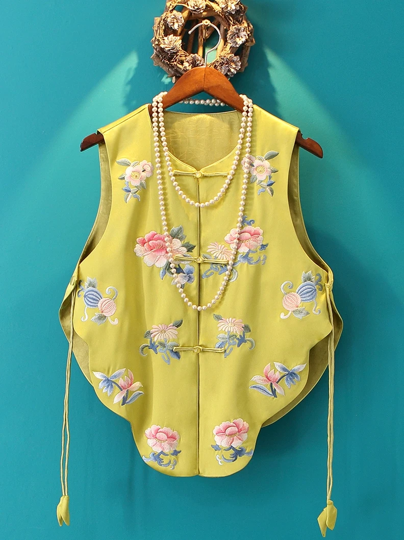 Design Irregular Acetate Satin Fluorescent Green Vest New Chinese Style National Embroidered Young