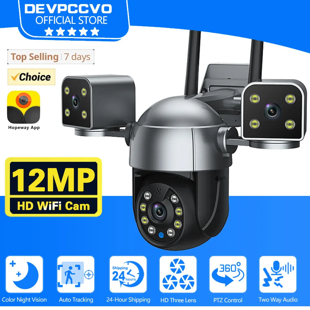 6K 12MP WiFi Surveillance Camera 3 Lens 3 Screens 8X Digital Zoom AI Human Detect 4MP Outdoor Security CCTV PTZ IP Cameras